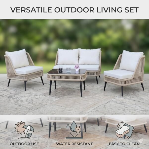 LOCCUS Outdoor 4 Seater Patio Rope Conversation Sofa Set with Glass Top Coffee Table - Image 5