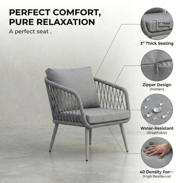 Modern LOCCUS Rope Sofa Set with four pieces, grey cushions, durable rustproof metal frame, and handwoven rope detailing. Includes a glass top table, perfect for outdoor comfort in gardens, patios, lawns, and poolside spaces.