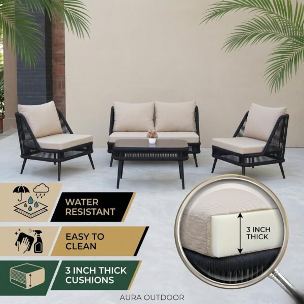 LOCCUS 4-piece outdoor rope sofa set with beige all-weather cushions and black heavy-duty metal frame, featuring a loveseat, two single chairs, and a glass-top coffee table, arranged on a patio with a brick wall backdrop and a woman seated comfortably in a garden setting.