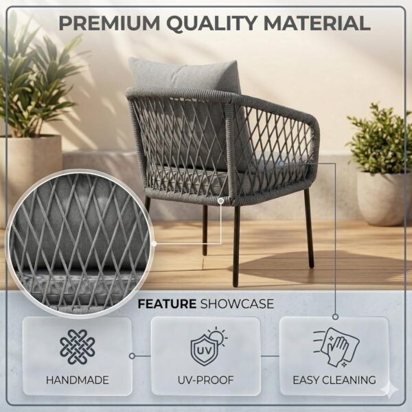 LOCCUS Outdoor Rope Sofa Set with four pieces, grey cushions, rustproof metal frame, and handwoven rope design. Features a glass top center table, suitable for outdoor use in gardens, patios, lawns, and poolside areas.