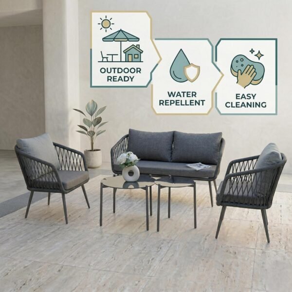 LOCCUS Outdoor Rope Sofa Set with four pieces, grey cushions, rustproof metal frame, and handwoven rope furniture. Comes with a glass top center table, ideal for garden, patio, lawn, or poolside outdoor living.