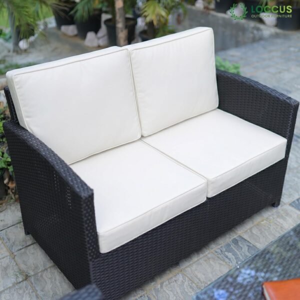 Modern LOCCUS 4-piece outdoor wicker furniture set crafted with black rattan and off-white cushions. Includes sofa, cushioned chairs, and coffee table. Weather-resistant design ensures durability, making it perfect for backyard, garden, or balcony seating. Provides stylish comfort for outdoor relaxation and entertaining.