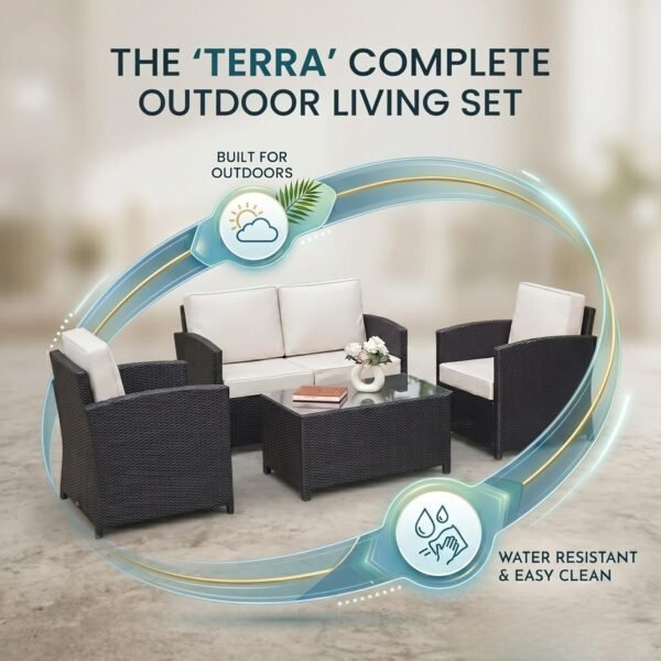 Stylish LOCCUS outdoor wicker patio set with black rattan sofa, cushioned chairs, and center coffee table. Includes off-white cushions for comfort. Weather-resistant construction makes it ideal for backyard, garden, or balcony seating, offering elegant durability and functionality for outdoor relaxation and entertaining.