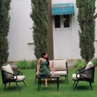 LOCCUS 4-Seater Outdoor Rope Sofa Set in black and beige with water-resistant cushions, durable metal frame, and handwoven rope design. Includes a glass top coffee table, perfect for garden, patio, poolside, or balcony outdoor seating.