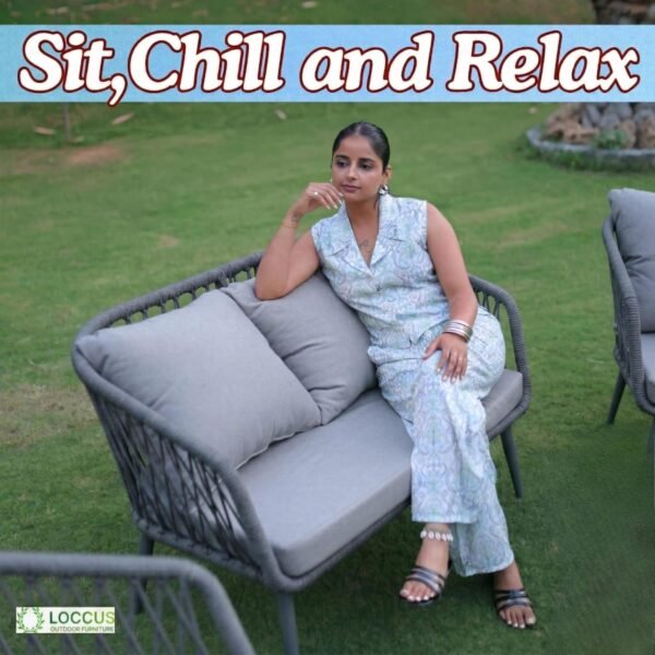 Elegant LOCCUS Rope Sofa Set with four pieces, grey cushions, durable rustproof metal frame, and handwoven rope furniture. Includes a glass top table, perfect for outdoor relaxation in gardens, patios, lawns, and poolside decks.