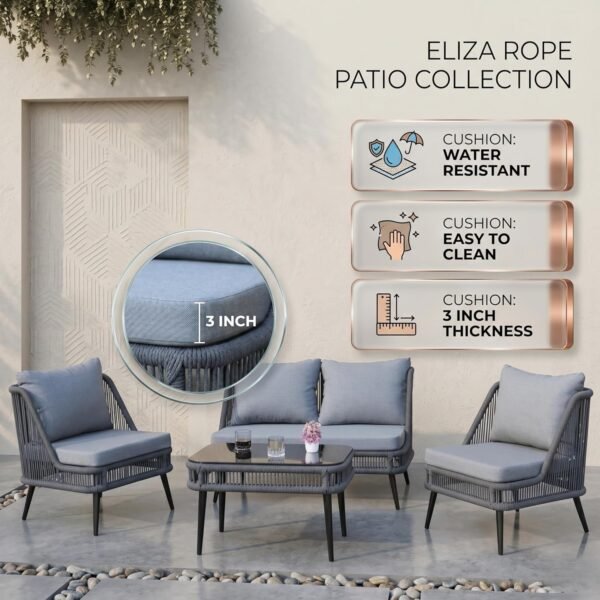 Grey LOCCUS Outdoor Sofa Set, 4-piece rope wicker patio furniture with durable iron frame, comfortable cushions, and center table, suitable for backyard or porch.