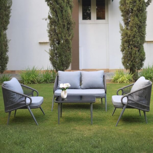 LOCCUS Outdoor Rope 4-Seater Sofa Set in grey with water-repellent cushions, durable metal frame, and handwoven rope design. Comes with a glass top table, ideal for outdoor furniture in garden, patio, poolside, and balcony spaces.