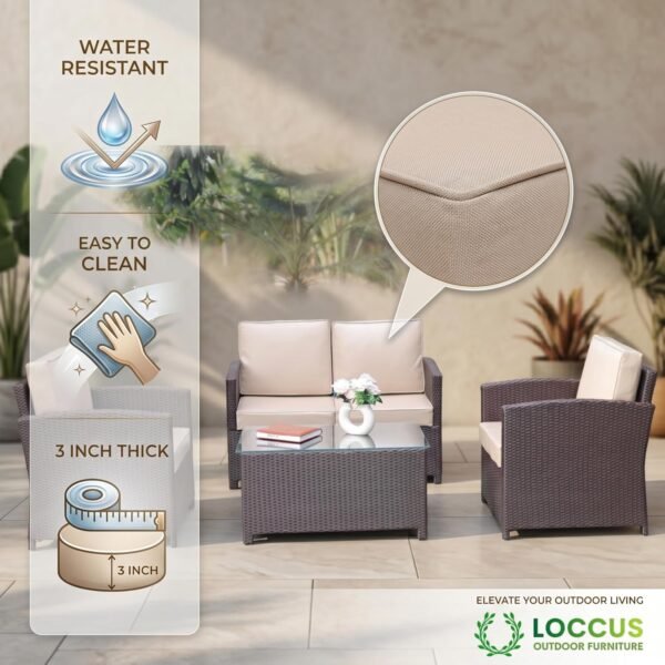LOCCUS Outdoor Furniture Set, sectional wicker sofa with durable frame, cream cushions, and glass top table.