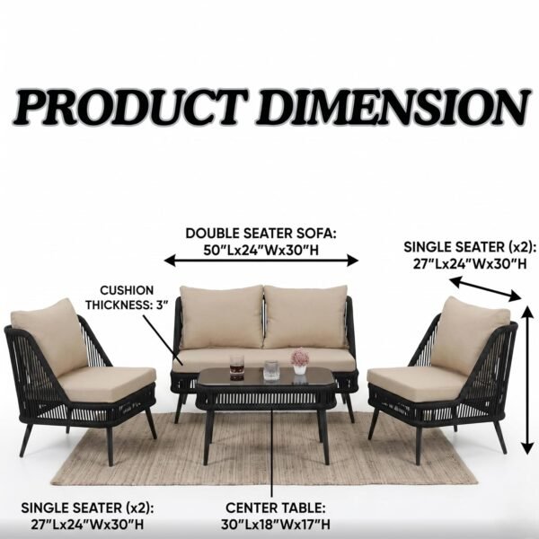 Outdoor patio furniture setup with a black woven sofa set, including a two-seater, two single chairs, and a coffee table with drinks and a small flower vase, placed on a gravel surface against a red brick wall. A woman in a green outfit is seated on one chair, relaxing under leafy trees in a garden setting.
