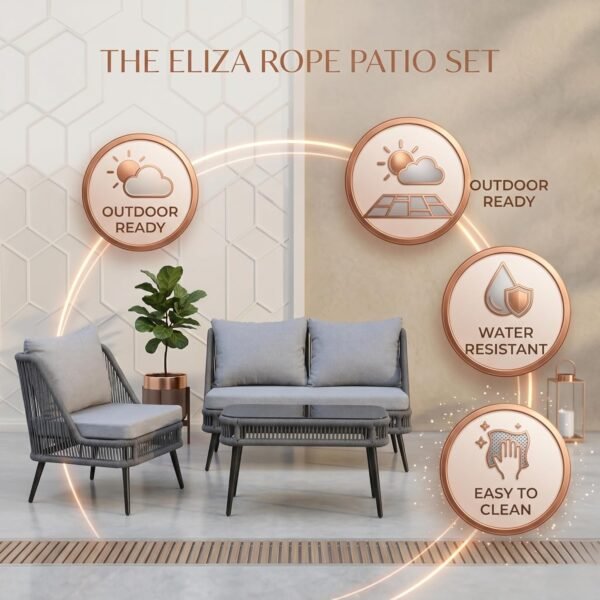 Elegant LOCCUS 4-Piece Outdoor Patio Furniture Set in grey, handwoven rope wicker sofa with thick cushions and center table, durable iron frame, ideal for backyard, porch, or garden seating.