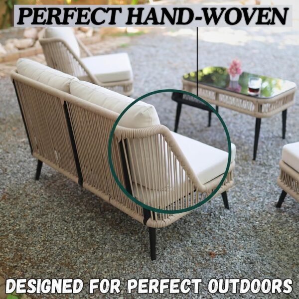 Terrace Rope Sofa Conversation Set, Beige Cushions, Glass Top Coffee Table, 5-Seater