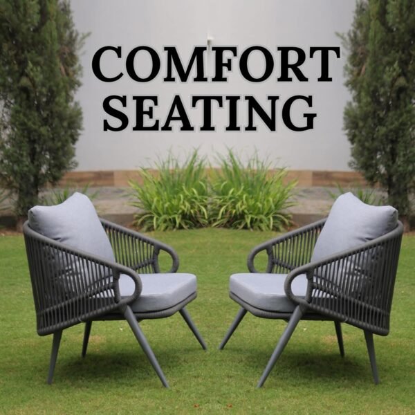 LOCCUS Outdoor Rope 4-Seater Sofa Set with water-repellent grey cushions, durable metal frame, and handwoven rope furniture. Comes with a glass top table, ideal for garden, patio, poolside, or balcony outdoor living.