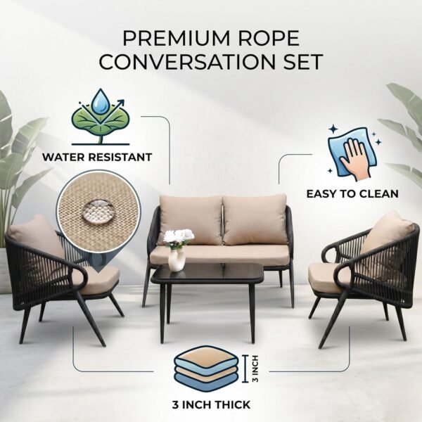 LOCCUS 4 Seater Outdoor Rope Sofa Set | All-Weather Water-Resistant Cushions | Glass Top Coffee Table - Image 4