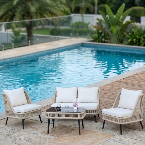 Patio Rope Conversation Sofa Set, 5-Seater with Cushioned Chairs and Glass Top Table