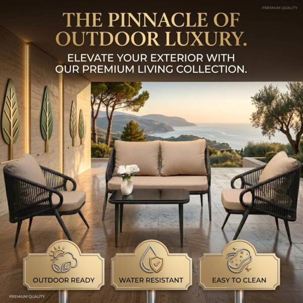 Elegant LOCCUS Rope Sofa Set with four seats, black and beige cushions, durable metal frame, and handwoven rope furniture. Includes a glass top coffee table, perfect for outdoor relaxation in gardens, patios, poolside decks, and balconies.