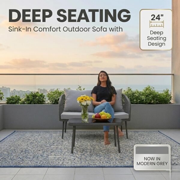 LOCCUS 4-Piece Outdoor Rope Sofa Set in grey with water-repellent cushions, rustproof metal frame, and handwoven rope design. Comes with a glass top center table, ideal for outdoor furniture in garden, patio, lawn, and poolside spaces.