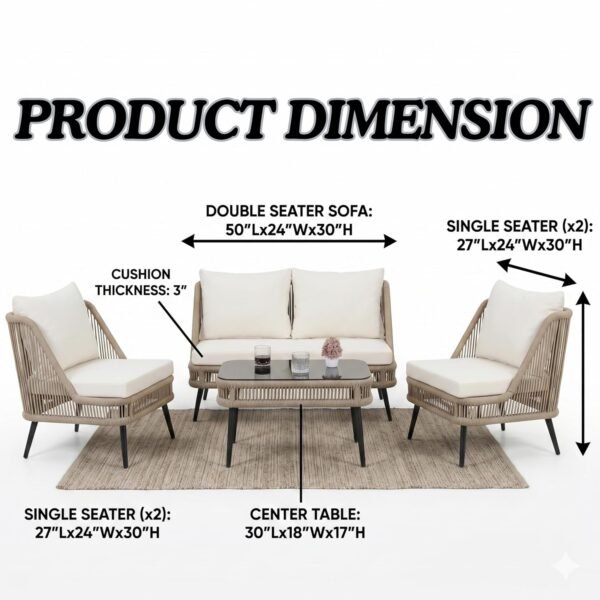 Backyard Rope Patio Sofa Set, 5-Seater Beige and Off-White with Glass Coffee Table