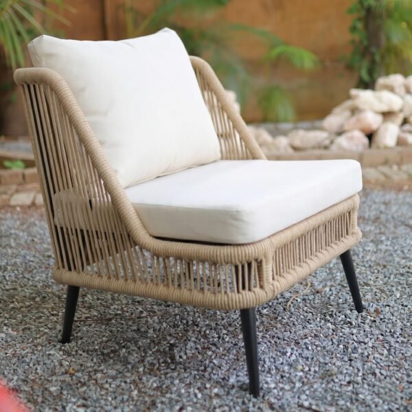 Patio Rope Conversation Sofa Set, 5-Seater with Cushioned Chairs and Glass Top Table