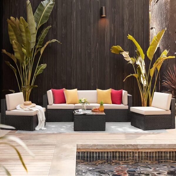 LOCCUS 4-Piece Patio Furniture Set in Beige, outdoor sectional rattan wicker sofa with washable cushions and glass center table, ideal for porch, lawn, garden, or backyard.