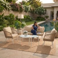 LOCCUS Outdoor Rope 4-Seater Sofa Set with Beige & Off-White Cushions, Glass Top Table, durable metal frame, perfect for garden, patio, pool deck, or balcony seating.