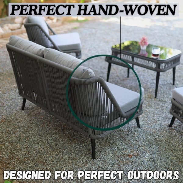 LOCCUS 4-Piece Outdoor Patio Furniture Set, Handwoven Rope Wicker Sofa Set with Thick Cushions & Center Table - Image 9