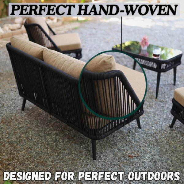 LOCCUS 4-piece outdoor rope sofa set with beige all-weather cushions and black heavy-duty metal frame, featuring a loveseat, two single chairs, and a glass-top coffee table, arranged on a patio with a brick wall backdrop and a woman seated comfortably in a garden setting.