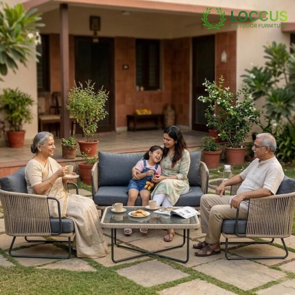 Handwoven Rope Patio Sofa Set by LOCCUS, 4-seater with water-resistant cushions and square glass coffee table.