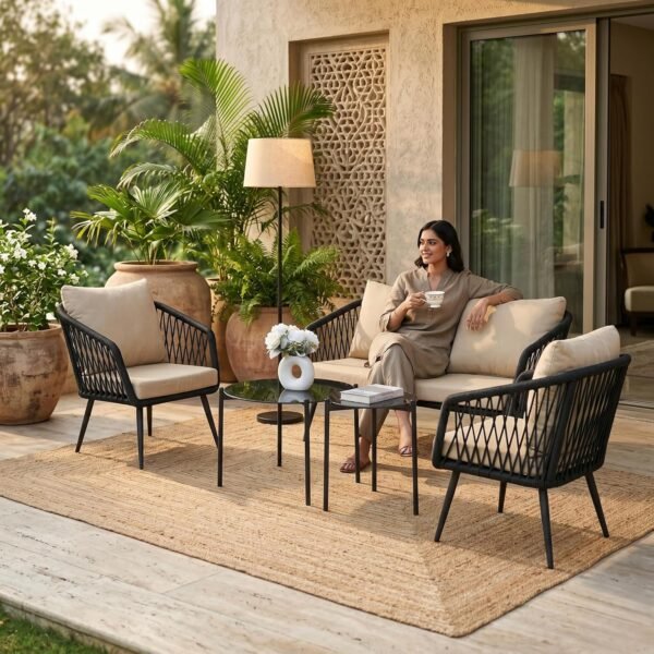 LOCCUS Outdoor Rope 4-Seater Sofa Set in black and beige with water-repellent cushions, durable metal frame, and handwoven rope design. Includes a glass top center table, perfect for garden, patio, poolside, or balcony outdoor furniture.