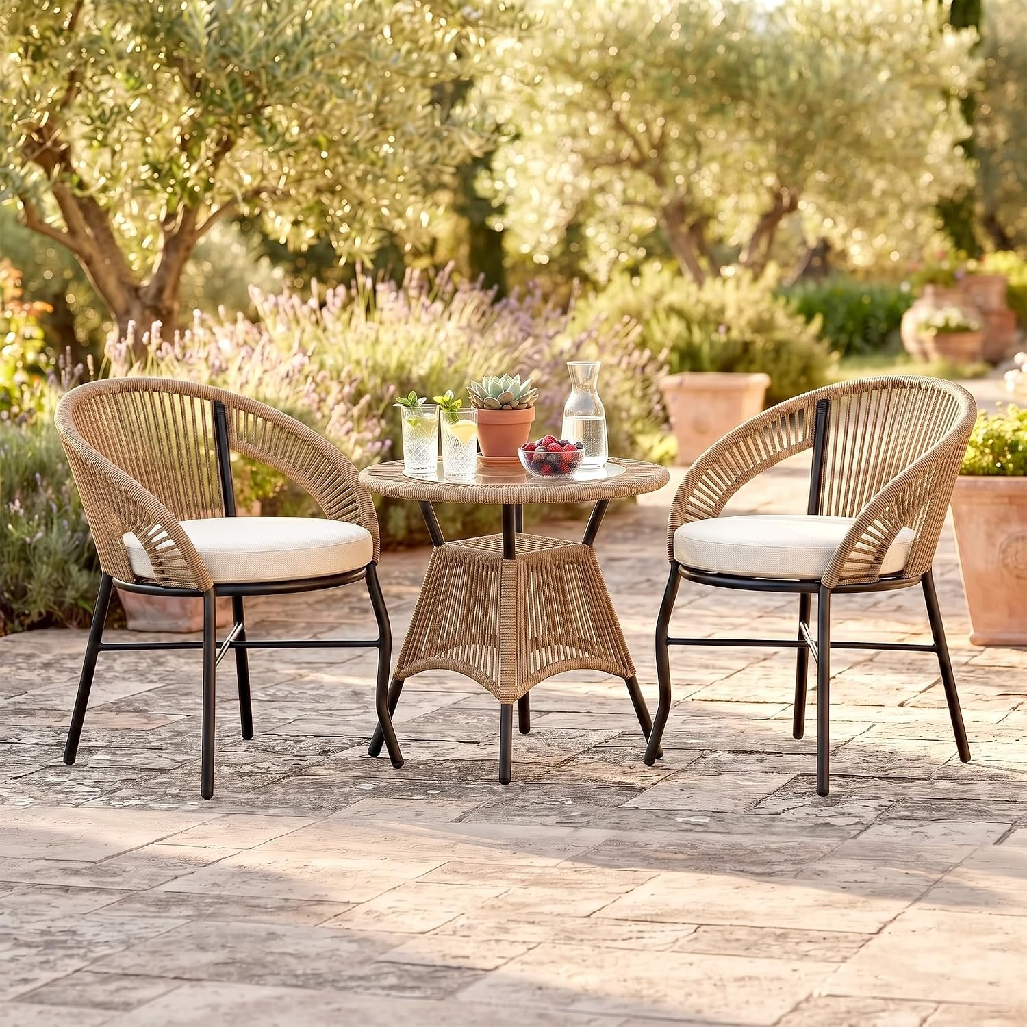 Loccus 2 Seater Outdoor Patio Furniture Set with 2 Rope Woven Chairs & Round Table, Cushioned Garden Conversation Set for Balcony, Terrace & Backyard (Beige/Cream) Loccus 2 Seater Outdoor Patio Furniture Set with Two Rope Woven Chairs, Cream Cushions and Round Table in a Garden Setting