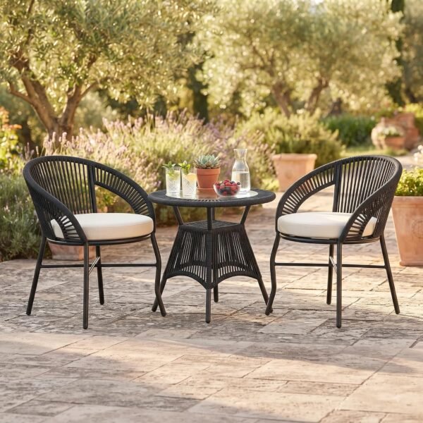 3-piece outdoor rope patio furniture set with two black handwoven rope chairs, cream cushions, and a round matching table in a garden patio setting.