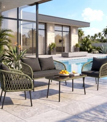Loccus 4-Seater Outdoor Sofa Set with Handwoven Rope Design, Water-Repellent Cushions and Tempered Glass Top Center Table for Garden, Balcony, Patio and Poolside Seating (Green & Black)