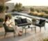 Loccus Green handwoven rope outdoor sofa set with black cushions and glass-top coffee table beside a luxury pool, featuring two armchairs and a three-seater sofa.