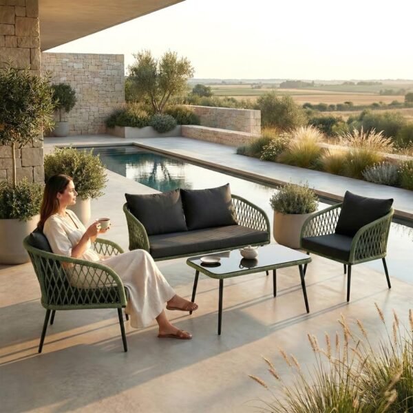 4-Seater Outdoor Sofa Set with Handwoven Rope Design, Water-Repellent Cushions and Tempered Glass Top Center Table, Green and Black, for Garden, Balcony, Patio and Poolside Seating.