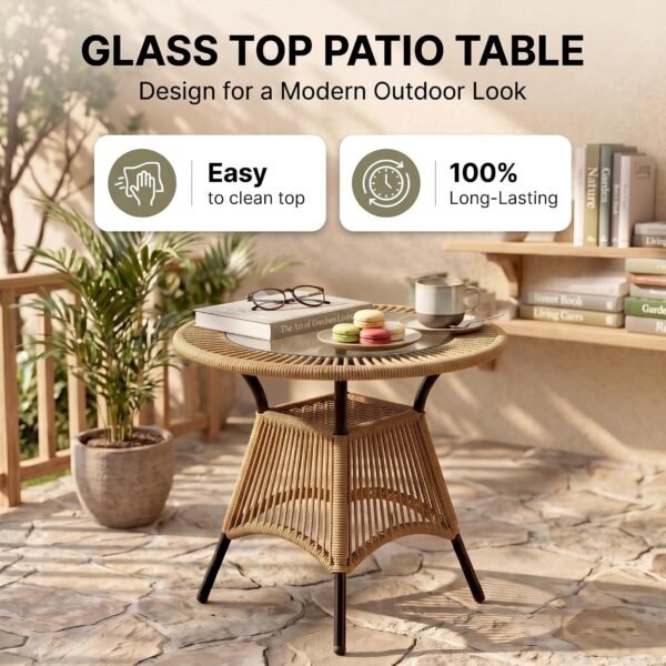 Outdoor Rope Patio Table with Round Glass Top and Woven Base, Powder-Coated Metal Frame for Balcony, Terrace, Garden and Backyard Use