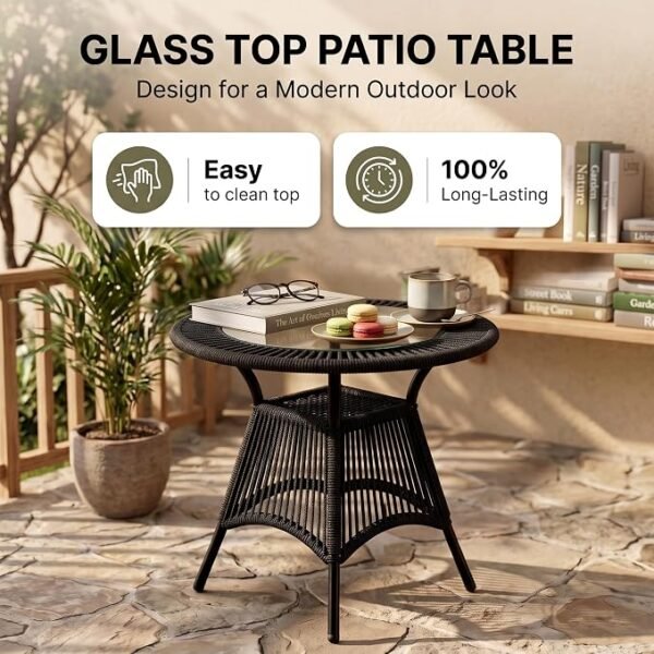 Outdoor Patio Table with Glass Top and Handwoven Rope Design, Round Garden Side Table with Metal Frame for Balcony, Terrace, Porch, Lawn and Outdoor Spaces