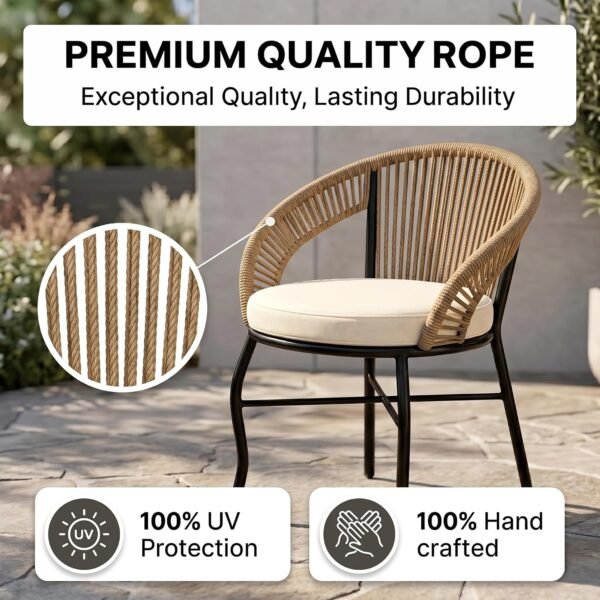 Handwoven Outdoor Rope Patio Chair with Cream Cushion and Powder-Coated Metal Frame, Featuring UV-Resistant Rope Design for Garden, Balcony and Terrace Use