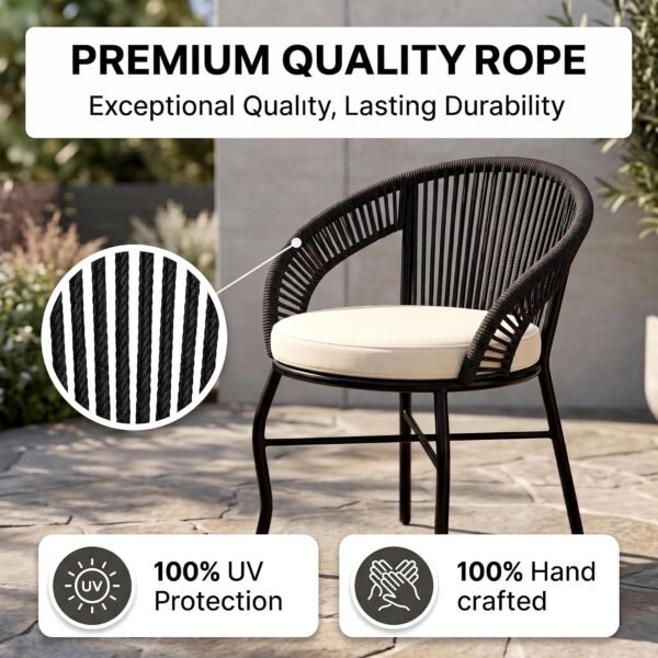 Loccus 3 Piece Outdoor Patio Furniture Set with Glass Top Round Table, Rope Metal Frame for Balcony, Garden & Terrace – (Black/Cream) - Image 4