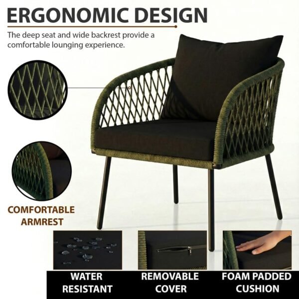 Loccus 4-Seater Outdoor Sofa Set with Glass Top Center Table, Water-Repellent Cushions & Handwoven Design for Garden, Balcony, Patio & Terrace (Green & Black) - Image 4