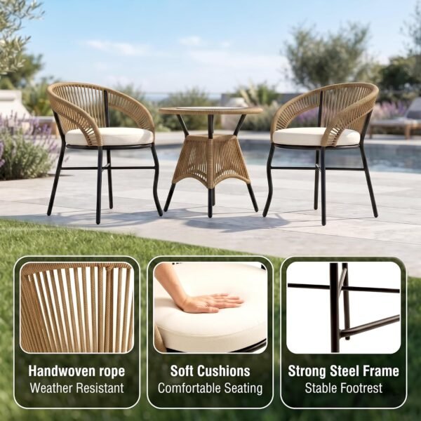 Loccus 3 Piece Outdoor Patio Furniture Set with 2 Rope Chairs & Round Glass Top Table, Metal Frame for Balcony, Garden, Terrace & Backyard (Beige/Cream) - Image 5