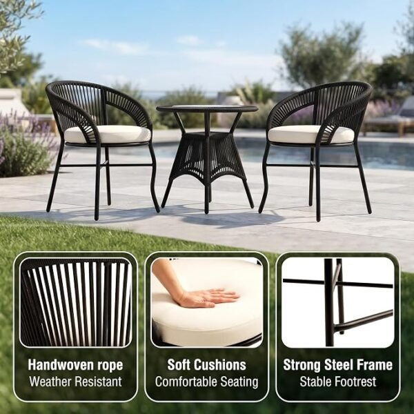 2-seater outdoor patio furniture set with two handwoven black rope chairs, soft cream cushions and matching center table, featuring a strong steel frame for garden, balcony, terrace and backyard seating.