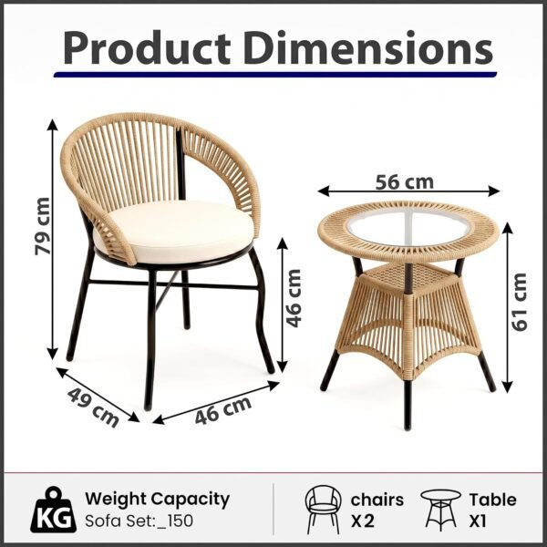 Loccus outdoor patio furniture set with 2 rope woven cushioned chairs and round glass top table, beige seating set for balcony, garden, terrace, porch and lawn.