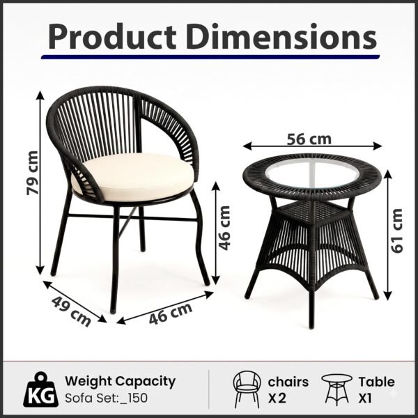 Product dimensions of a 2-seater outdoor patio furniture set featuring two handwoven rope chairs with cream cushions and a round glass top table, showing chair and table measurements.