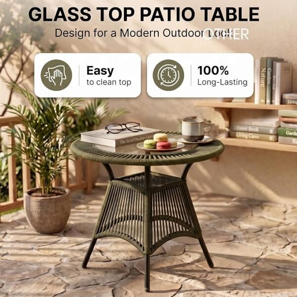 Outdoor Patio Table with Glass Top and Handwoven Rope Design, Round Garden Side Table with Metal Frame for Balcony, Terrace, Porch, Lawn and Outdoor Spaces