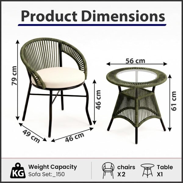 Product dimensions diagram showing the measurements of a 3-piece patio bistro set: a woven rope chair measuring 79 cm high, 49 cm deep, 46 cm wide with a 46 cm seat height, and a round glass-top table measuring 61 cm high by 56 cm in diameter, supporting up to 150 kg.