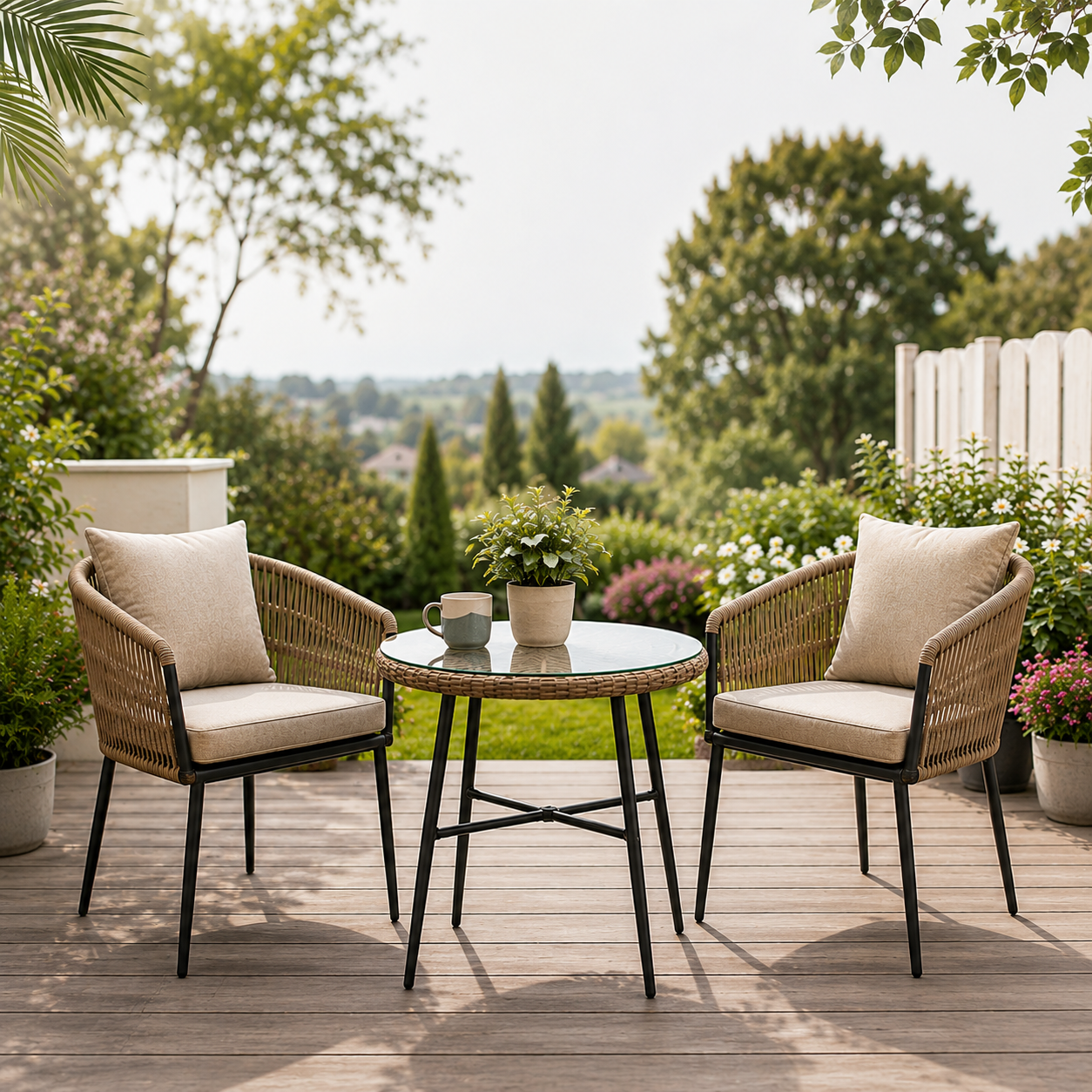 Modern wicker bistro set with two cushioned chairs and round glass-top table in a beautiful garden patio