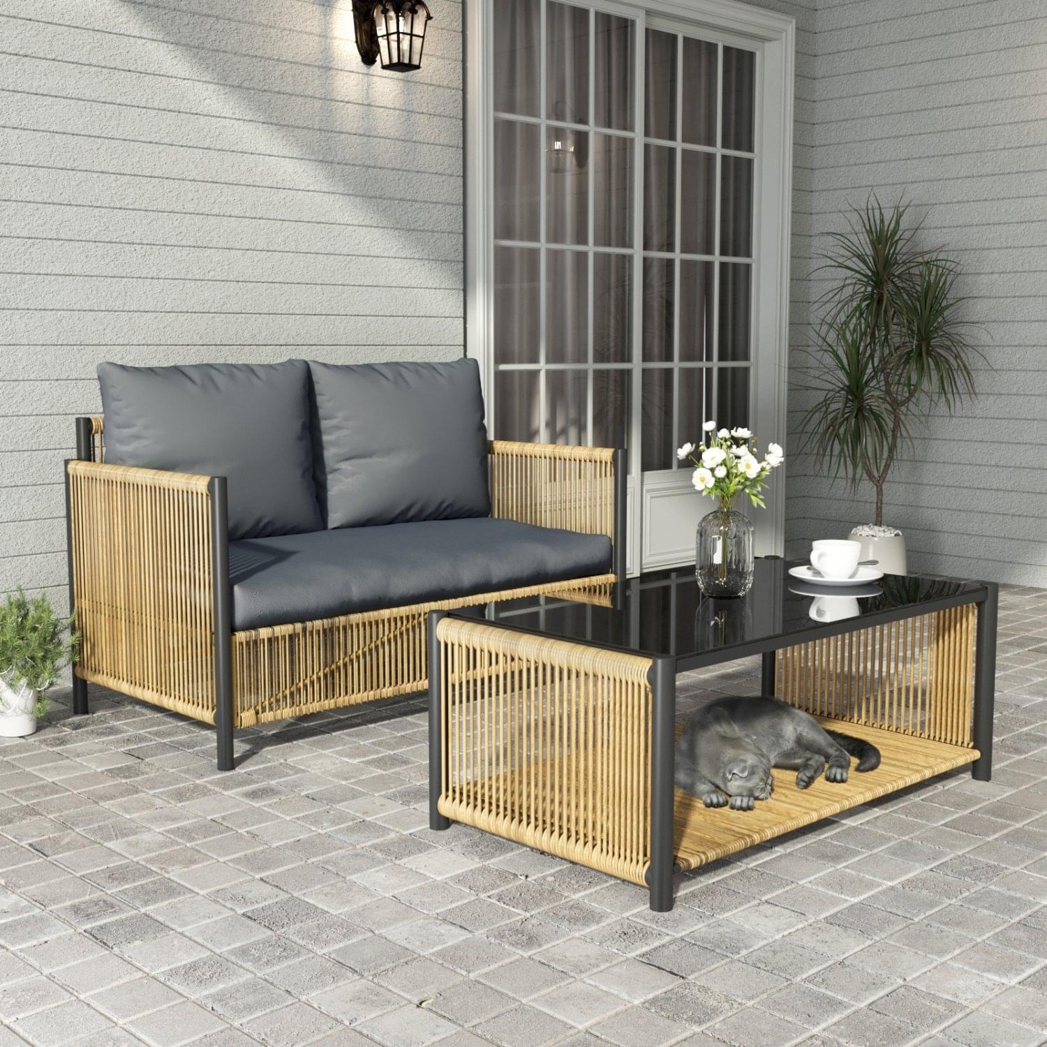 “Elegant 2 seater rattan wicker sofa set with cushions, durable outdoor furniture for patio, garden, and balcony seating”