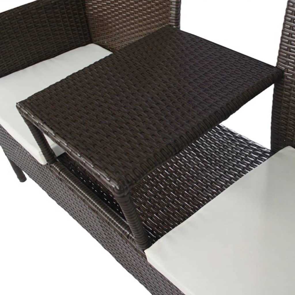 Dark brown 2-seater patio sofa set with tea table, made of durable poly rattan, placed outdoors on a garden deck.