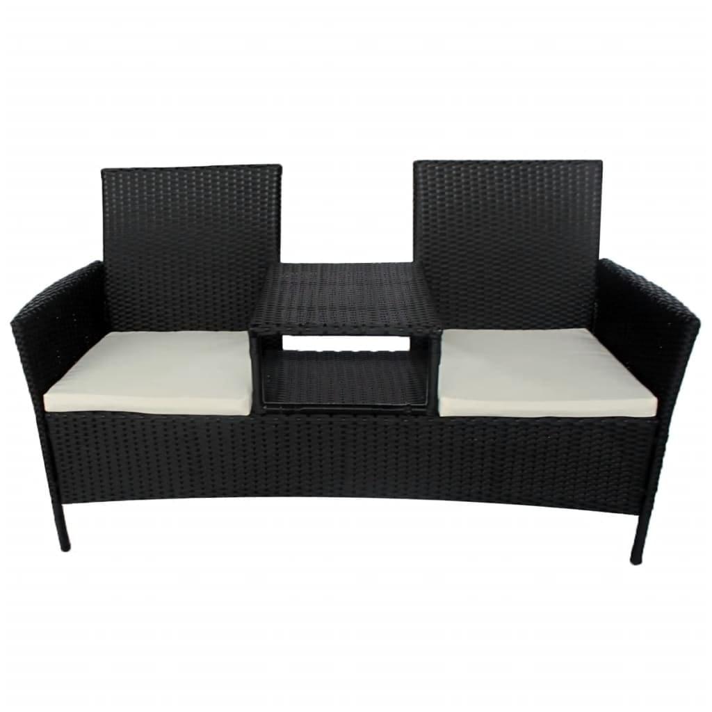 Dark brown 2-seater patio sofa set with tea table, made of durable poly rattan, placed outdoors on a garden deck.