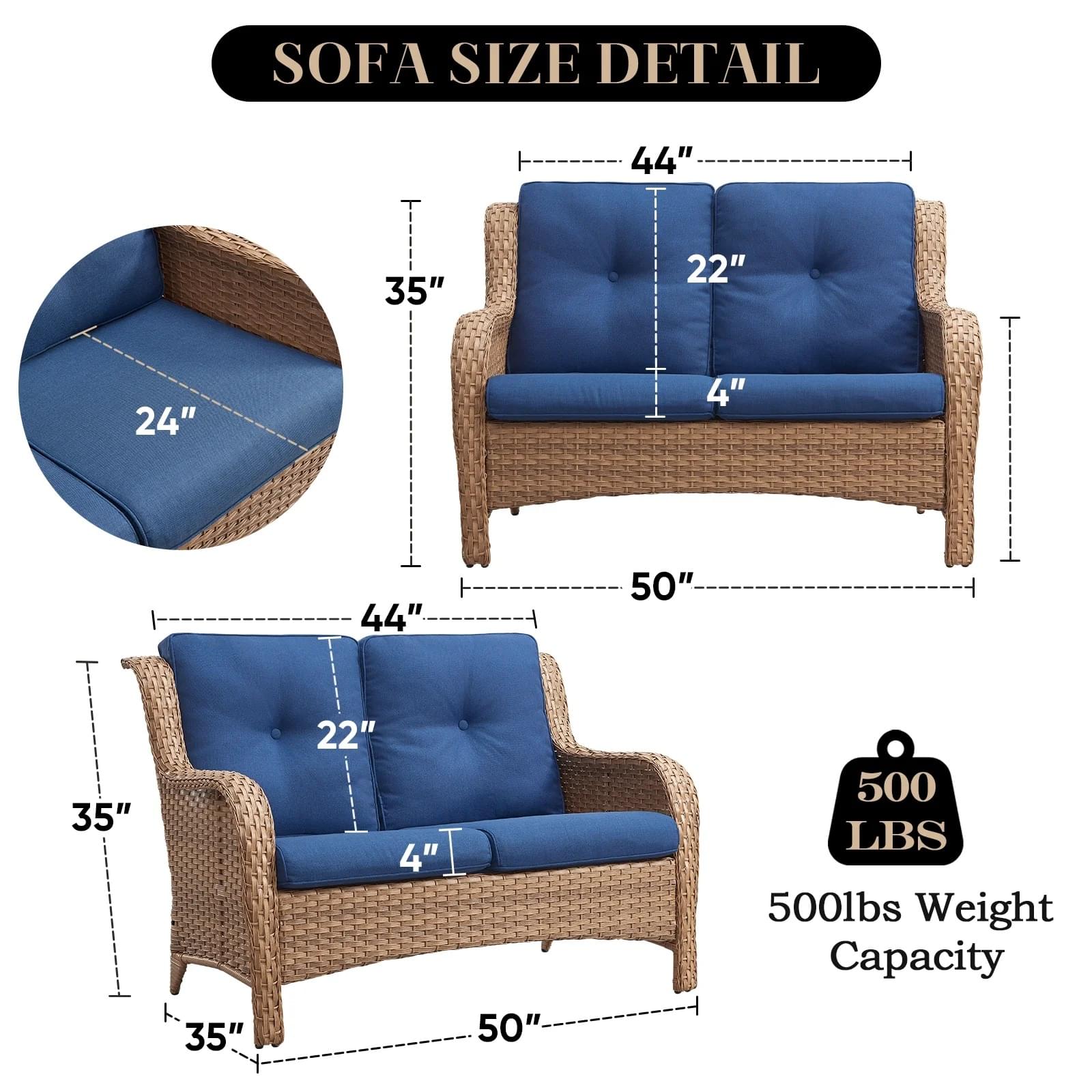 Double seater rattan wicker sofa with soft cushions for patio or garden seating