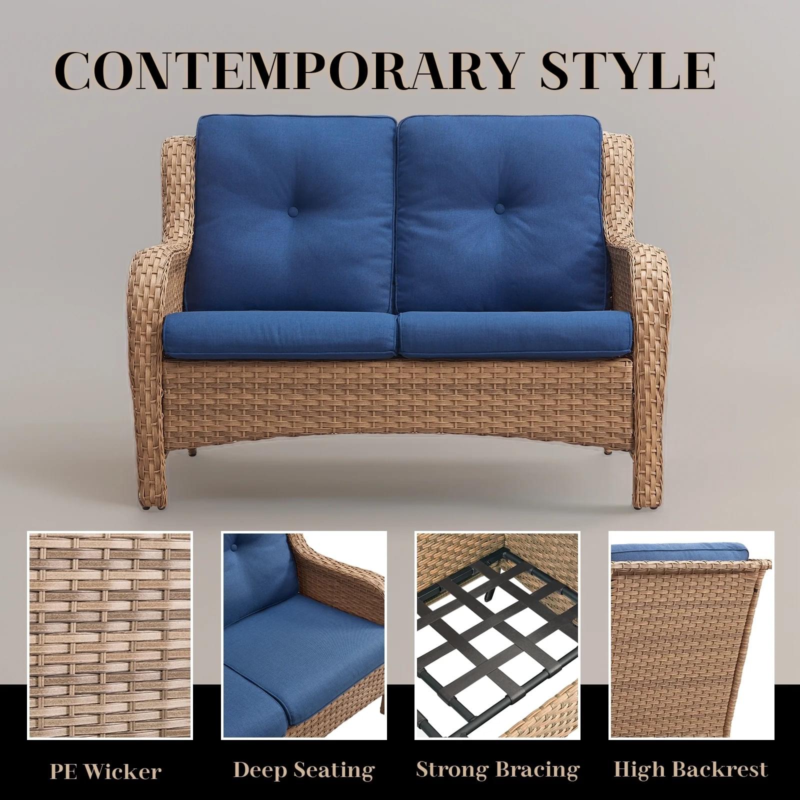 Double seater rattan wicker sofa with soft cushions for patio or garden seating